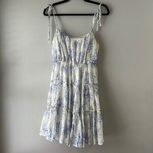 Altar State Floral Print Tiered Midi Dress Blue White Tie Shoulder Size M